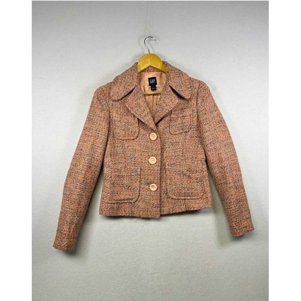 GAP Women's Tweed Blazer Jacket Pink Orange Multi Color Buttons Pockets‎ Size S